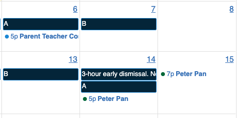 Calendar with Parent Teacher Conference in blue and Peter Pan in green