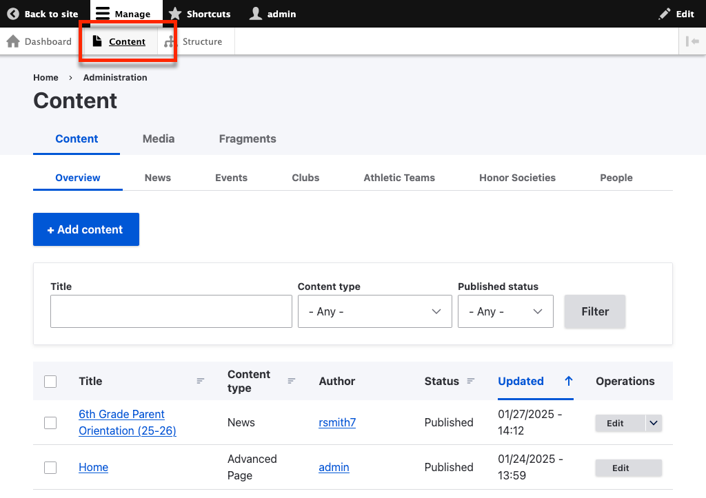 A screenshot of the content overview page with the menu item labeled content highlighted