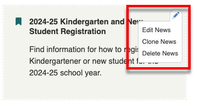 A news item with context menu Edit News, Clone News, and Delete News