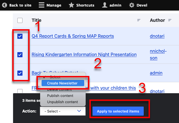 A screenshot emphesizing selecting news items and clicking Apply to selected items.