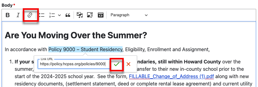 A screenshot of the rich text editor with the hyperlink button and ckeckmark highlighted