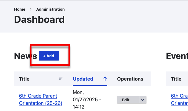 A screenshot of the dashboard with the button labeled Add highlighted
