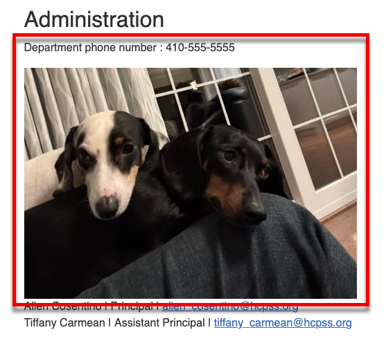 A picture and phone number displayed on the staff page
