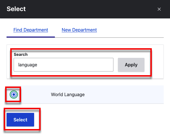 highlighted search bar, selected department, and select button