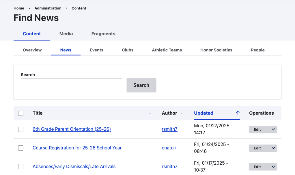 A screenshot of the Find News page which lists all news and has a search bar