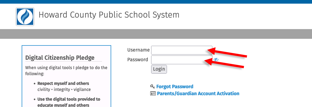 The HCPSS login page with arrows pointing to the username and password fields