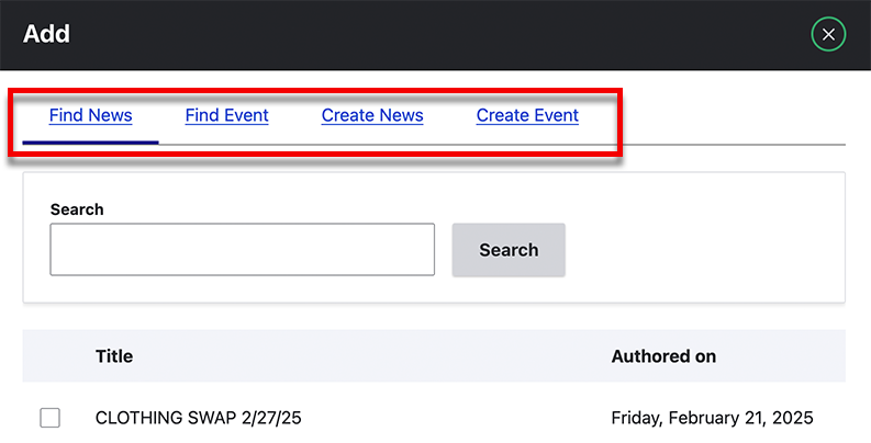 Tabs that read Find News, Find Event, Create News, and Create Event