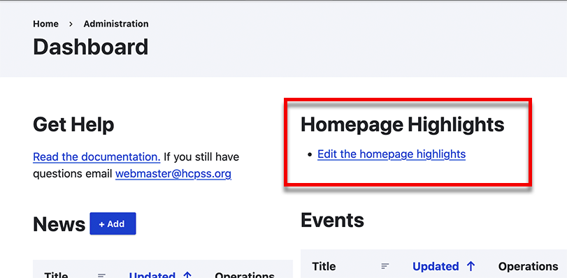 Link to edit homepage highlights