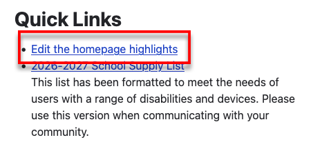 Homepage highlight link