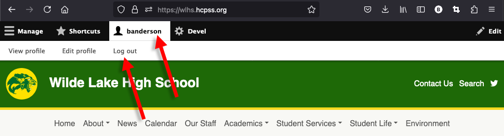 A screenshot of the Wilde Lake High School website with arrows pointing to the username and logout link in the toolbar