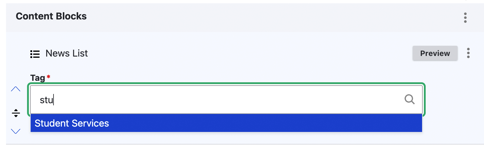 An autocomplete field completing with Student Services
