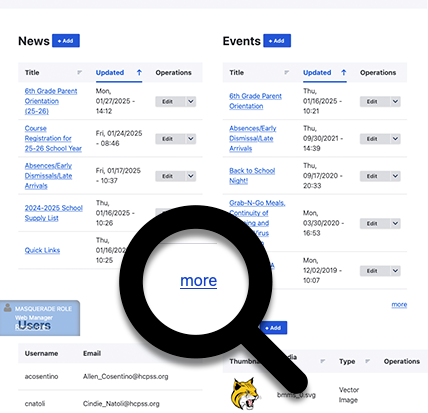 A screenshot of the dashboard with the more link in the News block emphasized