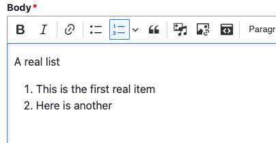 A screenshot of the rich text editor with a list, showing the ordered list button is active