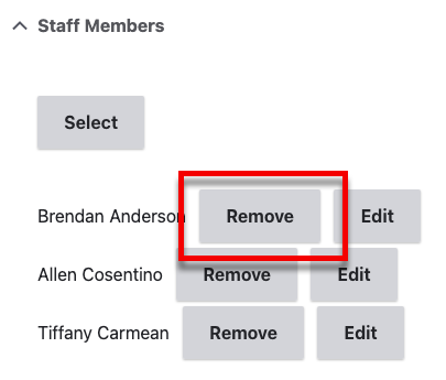 The 'Staff Members' section with the 'Remove" button emphesized'