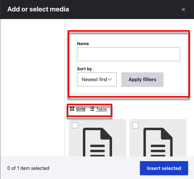 The media browser with the filter and view mode areas emphesized