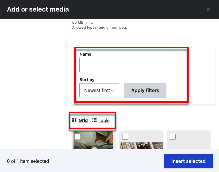 The media browser with the filter and view mode areas emphesized
