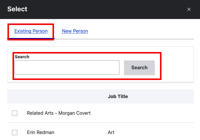 The 'Existing Person' and search bar emphesized