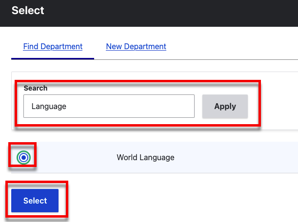 The searchbar, radio button, and select button
