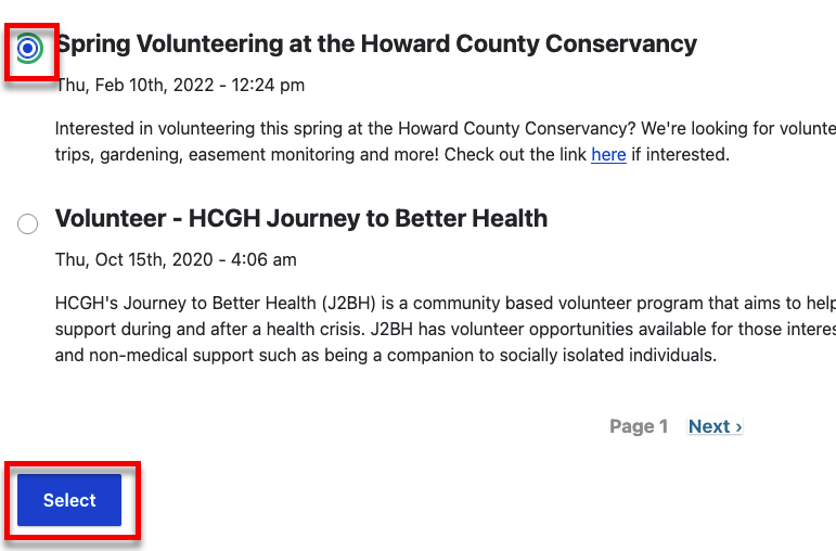 Select community event form