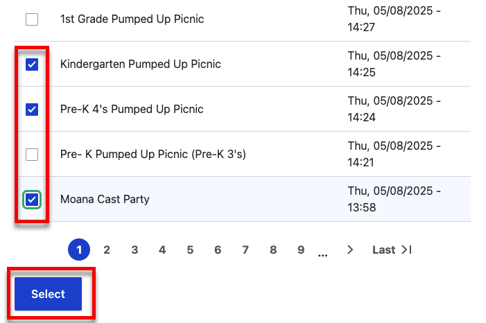 Event selection form