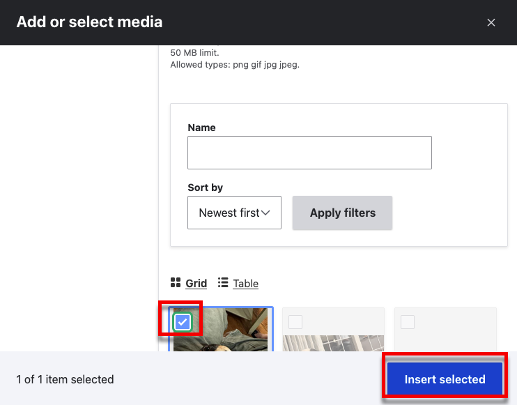 The media browser with an image selected and the Insert selected button emphesized
