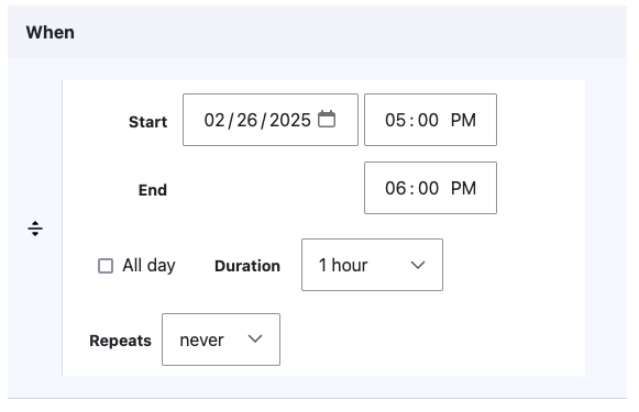 The When field with the start date and time and end time filled out