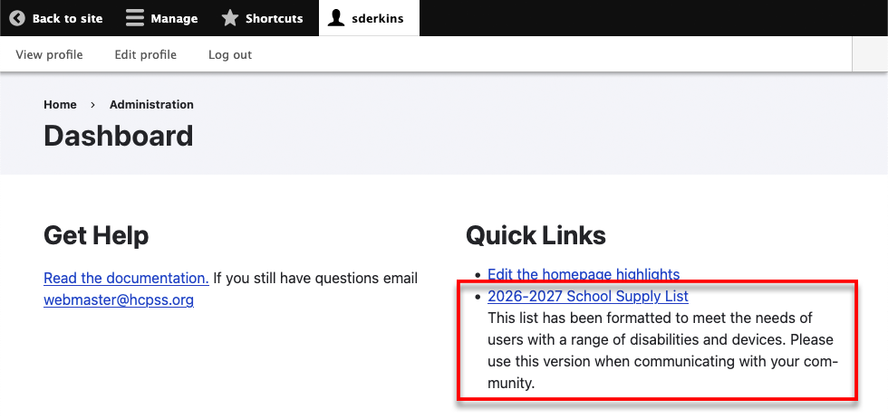 The location of the school supply list on the dashboard
