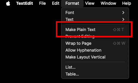 A screenshot of TextEdit with the menu item Format > Make Plain Text emphesized