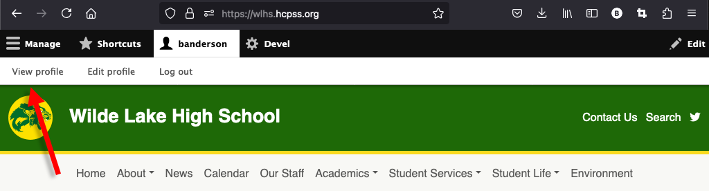 A screenshot of the Wilde Lake High School website with an arrow pointing to the toolbar at the top of the page