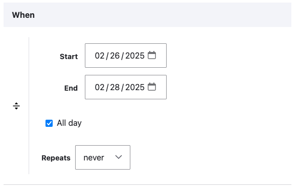 The When field with the All day checkbox checked and the start and end dates filled in